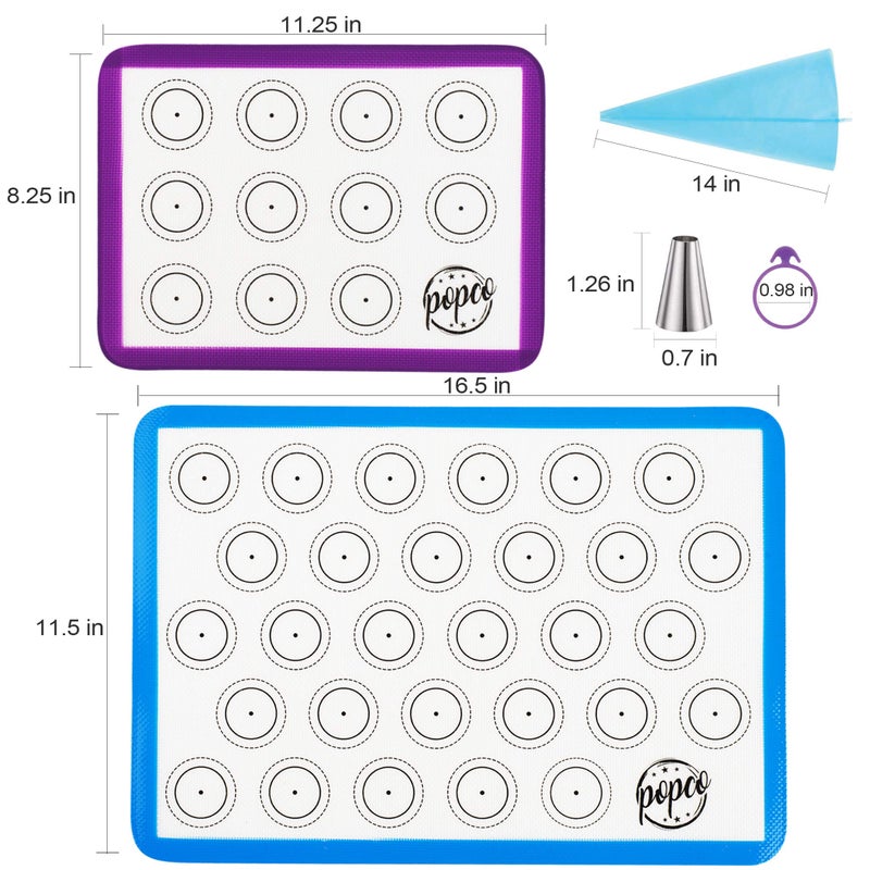 POPCO Macaron Baking Kit (19pcs Set) - 2 Half Size and 2 Quarter Size Silicone Macaron Baking Mats Plus 8 Piping Tips, 3 Piping Bags with 3 Bag Ties, 1 Coupler - Image 2